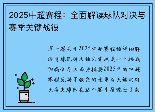 2025中超赛程：全面解读球队对决与赛季关键战役